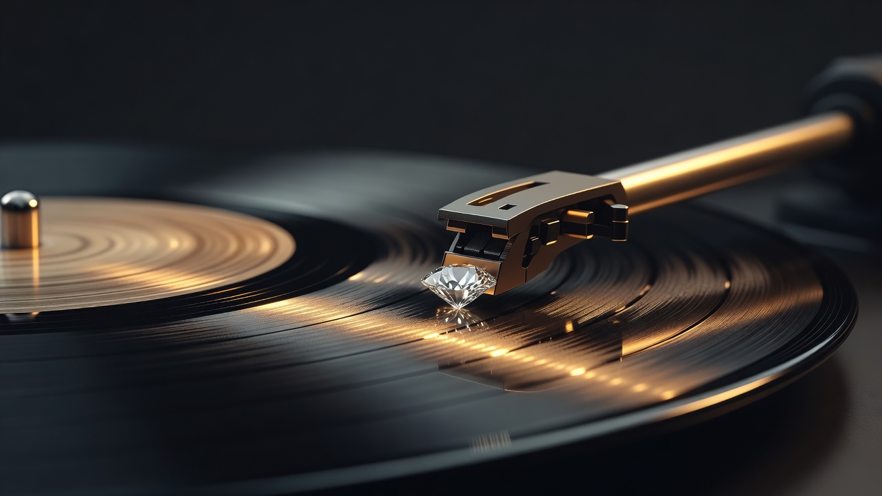 Diamant de platine posé sur un disque vinyle en rotation, gros plan macro montrant les sillons et le bras de lecture, dans une lumière ambrée évoquant l'écoute attentive